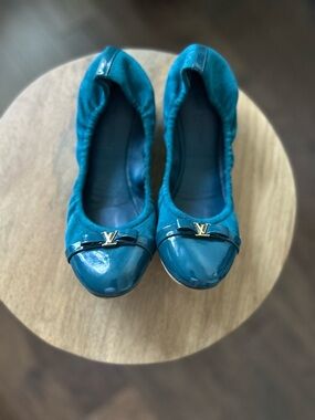 Louis Vuitton Teal Ballet Flats with Patent Toe and LV Hardware